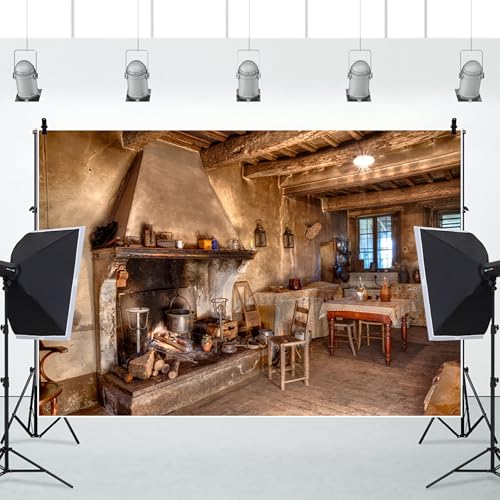 Renaiss 7x5ft Shabby Kitchen Backdrop for Photography Farmhouse Interior Fireplace Cook Dining Table Photoshoot Background Rustic Theme Party Kids Adults Farmers Cowboys Portrait Photo Studio Props - color: Brown-2, size: 7x5ft