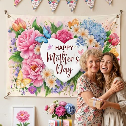 Mocsicka Mother's Day Backdrop Banner Flowers Happy Mothers Day Decorations Banner I Love Mom Mothers Party Decorations Photo Booth Props (8x6ft (96x72 inch))