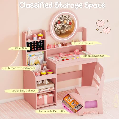 Costzon Kids Vanity, Girls Vanity Set with Mirror and Lights, Jewelry Storage, Shelves, Princess Toddler Makeup Vanity Desk Dressing Table, Wooden Kids Vanity Table and Chair Set (Pink) - style: Pink with Jewelry Storage
