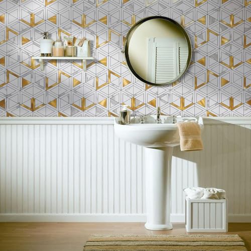 DICOFUN 10-Sheet White Marble Look Triangle Mosaic Tiles Peel and Stick Backsplash for Kitchen, PVC Mixed Metal Gold Chevron Stick on Backsplash Wall Tiles - color: White Marble and Metal Gold, size: 10 Sheets, 12"x12"x0.12"