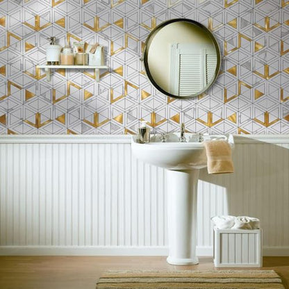 DICOFUN 10-Sheet White Marble Look Triangle Mosaic Tiles Peel and Stick Backsplash for Kitchen, PVC Mixed Metal Gold Chevron Stick on Backsplash Wall Tiles - color: White Marble and Metal Gold, size: 10 Sheets, 12"x12"x0.12"