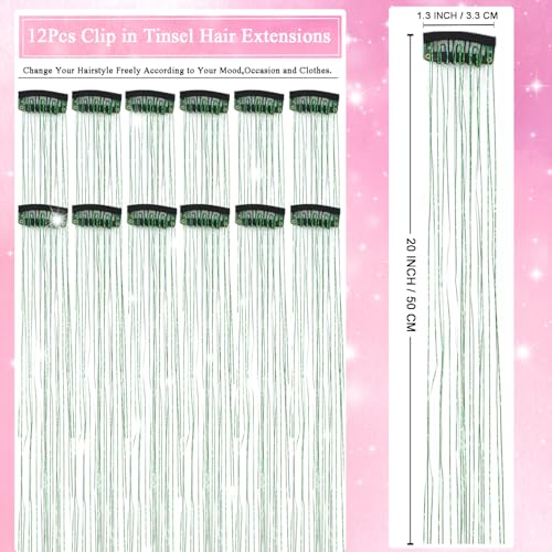 Hair Tinsel Clip in 12 Pcs Glitter Tinsel Hair Extensions 20 Inch Fairy Hair Clip in Hair Tinsel Heat Resistant Sparkly Hair Accessories for Girls Women Kids (Green) - color: Green