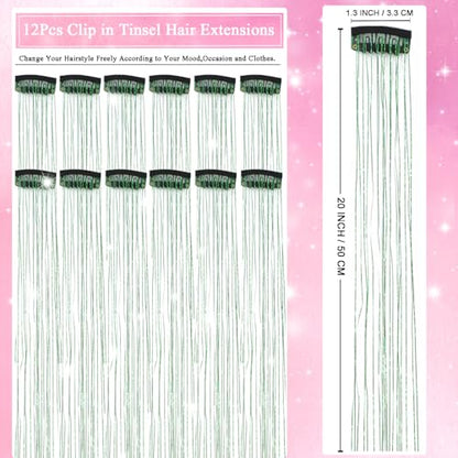 Hair Tinsel Clip in 12 Pcs Glitter Tinsel Hair Extensions 20 Inch Fairy Hair Clip in Hair Tinsel Heat Resistant Sparkly Hair Accessories for Girls Women Kids (Green) - color: Green