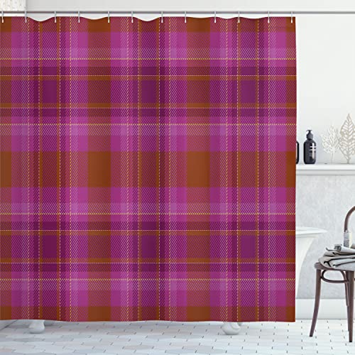 Ambesonne Plaid Shower Curtain, Retro Groovy Tartan Style Pattern in Nostalgic Plum Stripe Pattern, Cloth Fabric Bathroom Decor Set with Hooks, 69" W x 75" L, Burnt Orange and Hot Pink - color: Burnt Orange and Hot Pink, size: 69" W x 75" L