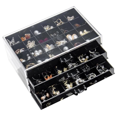 YUFONG Earring Storage Box Organizer 3 Drawers Acrylic Jewelry Storage Box Holder Transparent Jewelry Display Stand with 72 Small Compartments Gift for Women Girls (Black) - color: Black
