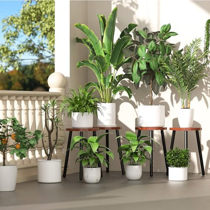 Wood Plant Stands Indoor, 16.7" Tall Plant Stand Outdoor Mid-Century Plant Stool, Single Plant Table Modern Small Round Side/End Table for Living Room, Balcony, Office (Brown) - color: Brown Tray with Black Legs-1Pack