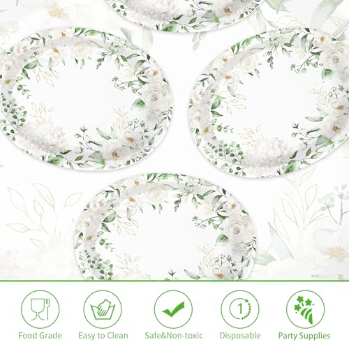 50PCS White Floral Oval Paper Plates 10"X12" Eucalyptus Flower Plates Disposable Heavy Duty Green Leaves White Flowers Tablewre Spring Blossom Flowers Dinnerware for Wedding Birthday Bridal Shower - style: 50PCS White Floral Oval Plates