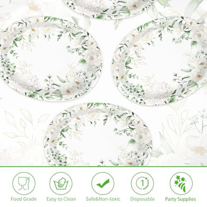 50PCS White Floral Oval Paper Plates 10"X12" Eucalyptus Flower Plates Disposable Heavy Duty Green Leaves White Flowers Tablewre Spring Blossom Flowers Dinnerware for Wedding Birthday Bridal Shower - style: 50PCS White Floral Oval Plates