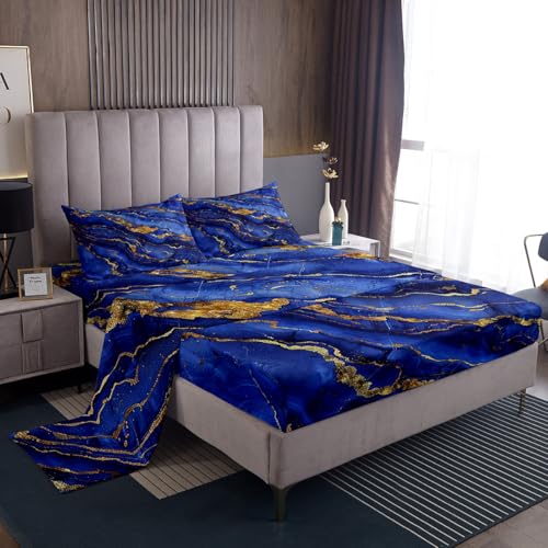 Feelyou Dark Blue Marble Bed Sheets Set Twin Size Modern Marble Aesthetic Sheet Set Retro Watercolor Artwork Design Sheets with Deep Pocket Fitted Sheet Abstract Marble Texture Printed Bedding Set - color: Dark Blue, size: Twin