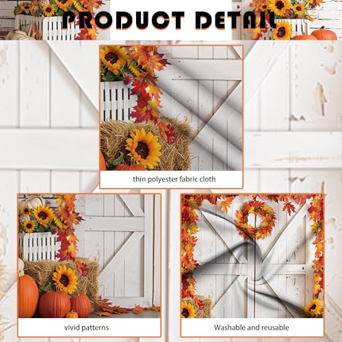 MEHOFOND 7x5ft Fall Thanksgiving Photography Backdrop Autumn Rustic Barn Wooden Door Brick Wall Background Pumpkin Maple Wreath Haystack Sunflower Harvest Party Decorations for Portrait Photo Props - size: 7x5ft