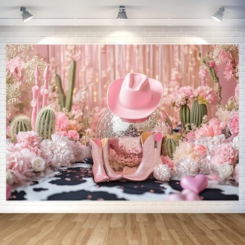 7X5ft Disco Western Cowgirl Party Backdrop Pink Black Cow Print Cowgirl Birthday Background Party Decorations Wild West Country Hot Pink Boot Birthday Photography Background Photo Booth Props - color: Pink, size: 7X5FT