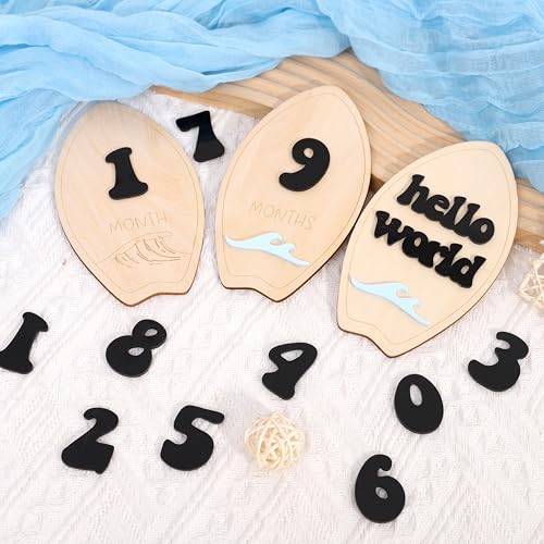 Wooden Surf Baby Monthly Milestone Cards - Beach First Year Monthly Milestone Markers, Ocean Waves Interchangeable Month Milestone Discs, Baby Photo Props