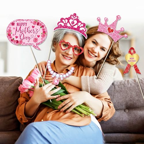 25Pcs Mother's Day Photo Booth Props with Stick, Best Mom Theme Selfie Props, I Love Mom Birthday Party Supplies, Photography Backdrop Decorations