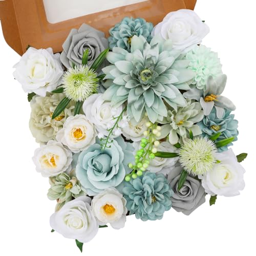 Floweroyal Artificial Flowers Combo Teal Blue Flowers Mix Silk Flowers Dahlia Roses with Stems for DIY Wedding Bridal Bouquets, Baby Shower, Floral Arrangement, Table Centerpieces, Home Decorations. - color: Teal Blue