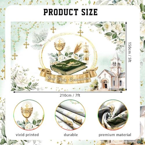 AIBIIN 7x5ft First Holy Communion Backdrop Greenery Mi Primera Comunion Photography Background Baptism Christening God Bless Mi Bautizo Party Decorations Banner Photo Props - size: 7x5ft