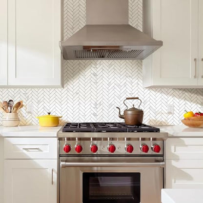 STICKGOO 10 Sheets Herringbone Peel and Stick Backsplash, Stick on Aluminum Composite PVC Kitchen Backsplash, Marble White Mixed Light Grey Look Self Adhesive Wall Tiles - color: Calacatta