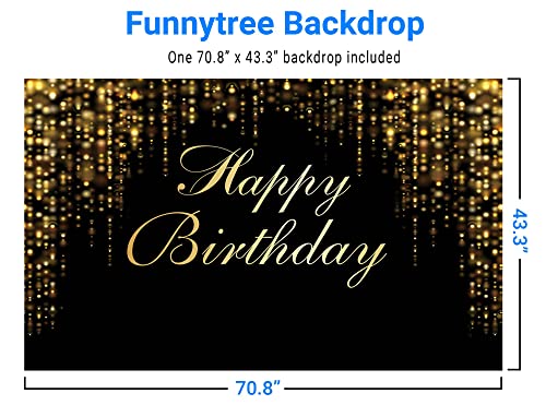 Funnytree Happy Birthday Party Backdrop Black and Gold Glitter Bokeh Sequin Spots Photography Background Golden Sparkle Shining Dots Baby Abstract Milestone Banner Cake Table Decor Photo - size: 70.8 X 43.3 in