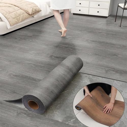 Luxury Thicken Wood Grain Peel and Stick Floor Tiles Self-Adhesive Vinyl Flooring Roll-DIY Easy for Wall and Floor,Hard Surface/Waterproof/Anti Slip (Gray Vinyl Flooring, 17.72 "W x 118" L) - color: Gray vinyl flooring, size: 17.72 "W x 118" L