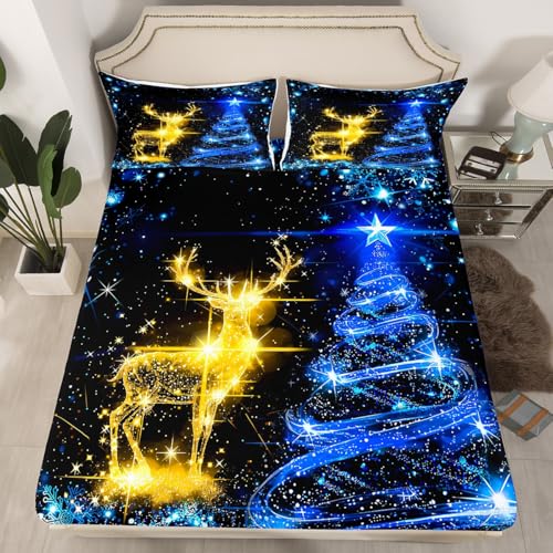 Manfei Christmas Fitted Sheet Queen Size, Blue Xmas Tree Gold Deer Bedding Set, New Year Bed Cover with 2 Pillowcases, Kids Boys Girls Room Decor, Soft Polyester Bedding(No Top Sheet) - color: Black Blue Gold, size: QUEEN (W60*L80*H16")