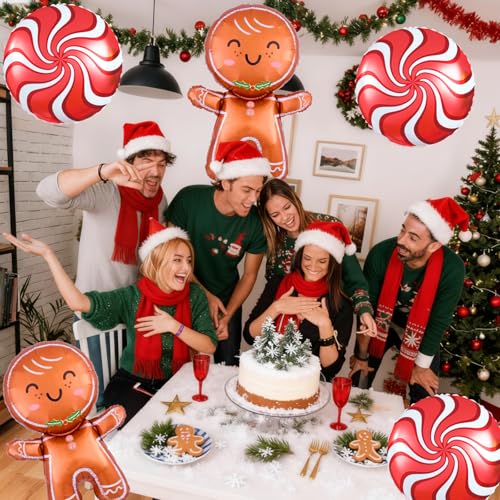Biapian Christmas Balloons Decorations, Large Gingerbread Man Balloons Foil Red Candy Cane Balloon Helium for Merry Christmas Baby Shower Holiday Xmas New Year Birthday Party Decorations Supplies - style: Red Xmas