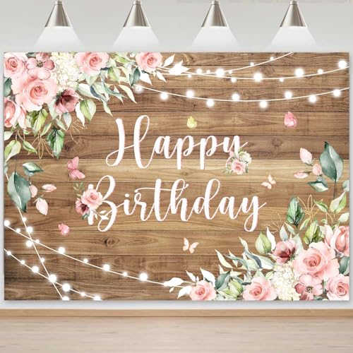 Sensfun Rustic Wood Floral Birthday Backdrop Banner Pink Flower Wooden Photography Background Butterfly Women Girls Birthday Party Decorations Supplies Photo Booth Props 7x5ft - size: 7x5Ft
