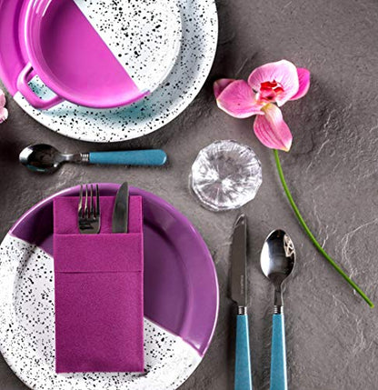 Moyes Home Purple Disposable Dinner Napkins with Pocket - Linen-Feel Pre-Folded Cloth-Like Paper Napkins for Silverware, Weddings, Dinner Parties, 16x16 in, Pack of 50 - color: Purple