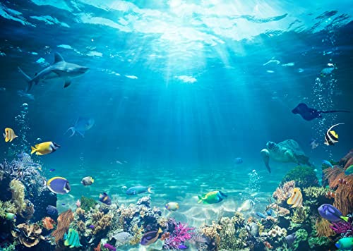 BELECO Underwater World Backdrop 10x6.5ft Fabric Undersea Backdrop for Photography Under the Sea Tropical Fish Dolphin Turtle Coral Deep Sea Sunlight Seabed Background Undersea Party Photo Studio Prop - size: 10x6.5ft