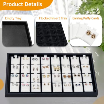Ikee Design 2 Pcs Set Black Earring Display Tray with 32 Earring Cards Organizer, Jewelry Tray Display for Stud Earring Collection, 100pcs Earring Puffy Cards, 14 3/4W x 8 1/4D x 1H in, White, Black - color: Large Earring Card