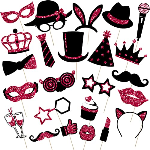 Zonon 24 Pcs Funny Photo Booth Props Class of 2026 Graduation Birthday Wedding Family Class Reunion Prom Disco Party Celebration Decoration Supplies Mix of Hats, Lipstick, Tie(Burgundy and Black) - color: Burgundy and Black