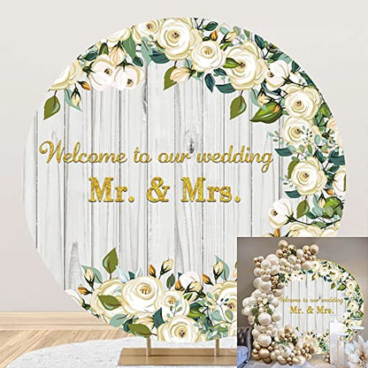 Yeele 6x6ft Mr & Mrs Wedding Round Backdrop Wooden Texture White Rose Floral Photography Background Bride and Groom Engaged Ceremony Anniversary Bridal Shower Party Supplies Photo Booth Props - size: 6x6ft-Diameter