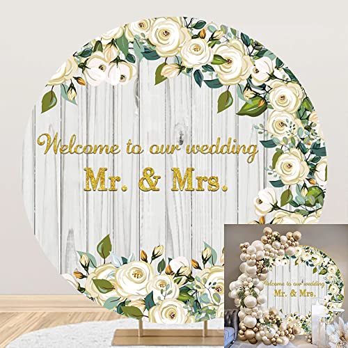 Yeele 5x5ft Mr & Mrs Wedding Round Backdrop Wooden Texture White Rose Floral Photography Background Bride and Groom Engaged Ceremony Anniversary Bridal Shower Party Supplies Photo Booth Props - size: 5x5ft-Diameter