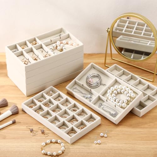 Highergo 8 Pcs Velvet Jewelry Trays Stackable Drawers Organizer Ring Earring Bracelet Necklace Storage Trays, 8.3x4.7x1''(18 Grids) - style: 18 Grids