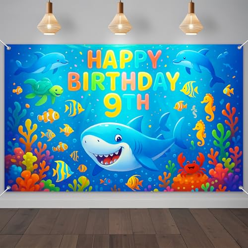 IVN Happy 9th Birthday Backdrop Banner 71x43 Inch Ocean Theme Under the Sea Birthday Party Decorations Photography Background Photo Booth Props for Boys Girls - color: Happy Birthday 9th