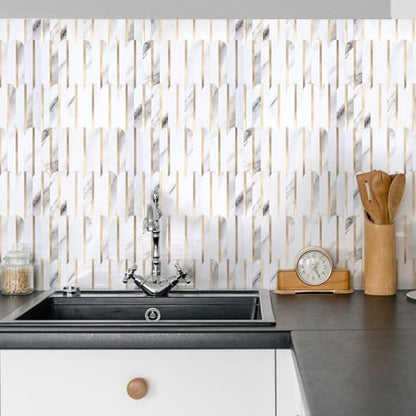 10-Sheet Fish Scale Peel and Stick Backsplash for Kitchen Wall Tiles,12 inches Marble Mixed Metal Gold 3D PVC Wall Tile Stick on Backsplash for Kitchen and Bathroom - color: Marble Mixed Metal Gold
