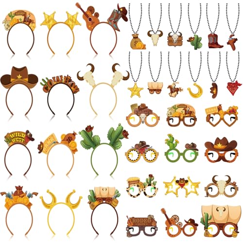 36 Pcs Western Party Favors Cowboy Felt Headband Eyeglasses Beaded Necklaces Wild West Cowgirl Costume Accessories for Western Themed Party Decorations Rodeo Photo Props Supplies - style: Classic