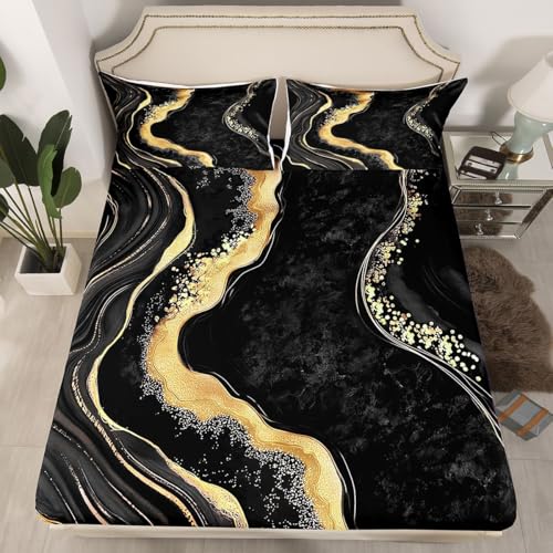 Erosebridal Black Gold Marble Bed Sheets Full Size for Teens Kids Child - Modern Abstract Marble Texture Flat Fitted Sheet Boho Hippie Fluid Sheet Set Colorful Retro Style Sheets - color: Black Gold, size: Full