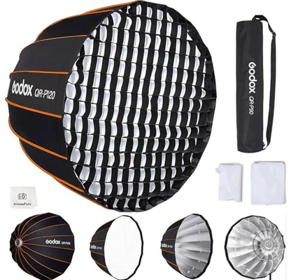 Godox Quick Release Parabolic Softbox,QR-P120 47.2”/120cm Portable Bowens Mount Softbox with Honeycomb Grid,Carry Bag,Front/Inner Diffuser for AD600BM SL60W VL150 UL150 SL200II Studio LED Video Light - size: QR-P120