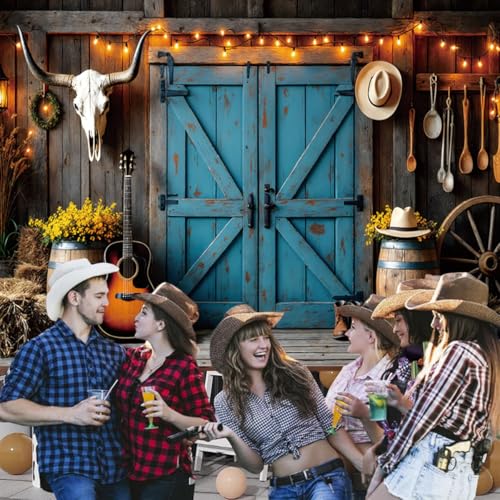 Western Cowboy Backdrop Decorations Wild West Country Farm Rustic Blue Barn Door Saloon Background Rodeo Banner Photoshoot Decor Supplies Photo Props for Kids Birthday Polyester Fabric 13x6ft