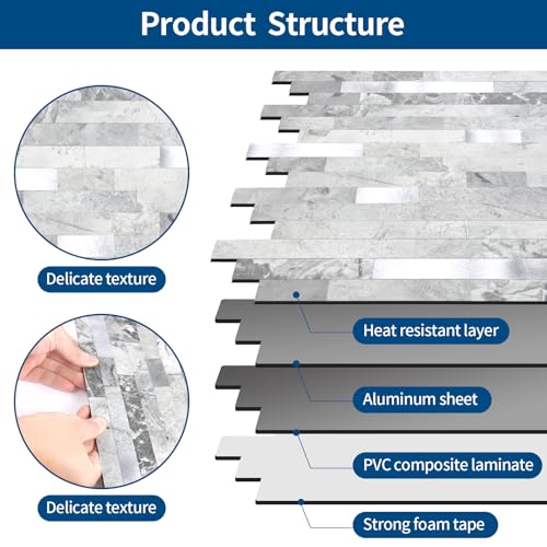 Yipscazo 10 Sheets Peel and Stick Stone Metal Tile Backsplash, Stick on Tiles for Backsplash Kitchen, Bathroom, Laundry Room, Camper, Fireplace (12'' X 12'', Gray Stone with Metal) - color: Gray Stone With Metal