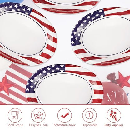50Pcs Patriotic Oval Paper Plates 10" X 12" Large Heavy Duty 250 Anniversary American Flag Disposable Plates 4th of July Red Blue and White Platters for President Memorial Independence Day Supplies - style: 4th of July Oval Kit