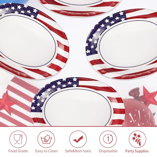 50Pcs Patriotic Oval Paper Plates 10" X 12" Large Heavy Duty 250 Anniversary American Flag Disposable Plates 4th of July Red Blue and White Platters for President Memorial Independence Day Supplies - style: 4th of July Oval Kit