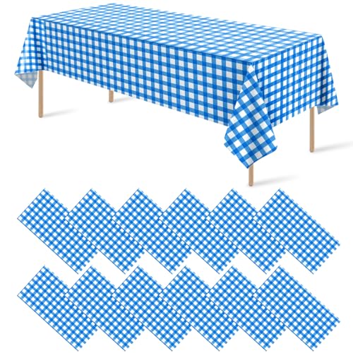 12 Pack Blue and White Plastic Checkered Tablecloth, Premium Decorative Disposable Blue Gingham Plaid Table Cloths for Parties, Rectangle Party Table Cover for Picnic Farm Birthday Wedding, 54x108Inch - color: Blue Checkered, size: 54"x108"-12 Pack