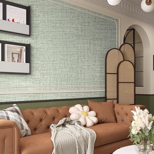 Green Grasscloth Peel and Stick Wallpaper 17.3"x480" Faux Linen Textured Contact Paper Removable Self Adhesive Vinyl Wallpaper for Bedroom Bathroom Kitchen Cabinets - color: Green, size: 17.3" x 480"