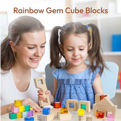 Woodtoe Wooden Rainbow Building Blocks Set for Toddlers, 22 PCS Wooden Blocks & 25 PCS Gem Cubes Stacking Blocks, Montessori Stacking Toys, Educational STEM Birthday Toys Gifts for Kid Boy Girl 3-6 - style: Rainbow Building Blocks Set