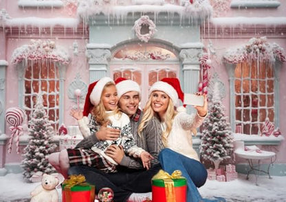 12x8ft Pink Christmas Backdrop Snow Scene Xmas Trees Candy Cane Photography Background Merry Christmas Party Banner Decorations Women Girls Portraits Photo Studio Props - size: 12x8ft