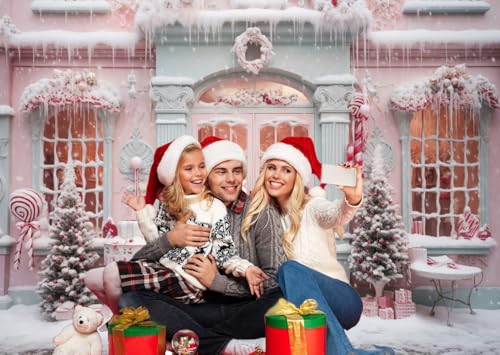 15x8ft Pink Christmas Backdrop Snow Scene Xmas Trees Candy Cane Photography Background Merry Christmas Party Banner Decorations Women Girls Portraits Photo Studio Props - size: 15x8ft