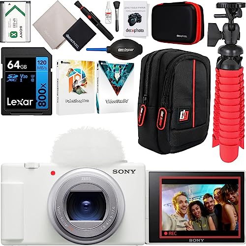 Sony ZV-1 II Vlog Camera with 4K Video & 20.1MP for Content Creators and Vloggers White ZV-1M2/W Bundle with Deco Gear Case + 64GB Memory Card + Grip/Tripod 2 in 1 + Software + Accessories Kit - color: White, style: w/ Standard Accessories Kit