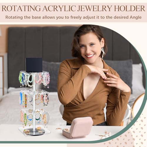 4-tier Bracelet Holder 360° Rotating Acrylic Bracelet Display Stand with 60 Hooks, Jewelry Holder Organizer with Tray, Jewelry Display Stand with Advertising Board for Bangles Keychain Earrings Vendor