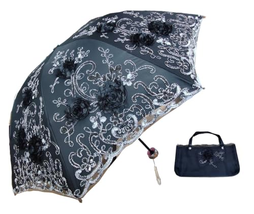 WENDIN Vintage Foldable Lace Parasol Gothic Umbrella rain Anti-uv Protection parasol sunblock umbrella dome Photo Props girls women lace umbrellas - color: 3D flower Black
