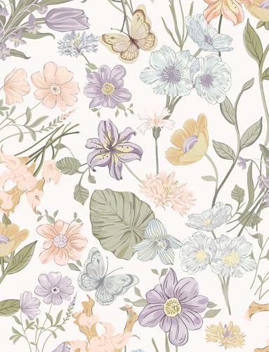 EchoSphere 16.9" x118" Light Peel and Stick Wallpaper Boho Floral Removable Wallpaper Colorful Flowers Botanical Contact Paper Butterfly Self Adhesive Wall Paper for Bedroom Walls DIY Decor, White - color: White, size: 16.9" x 118"